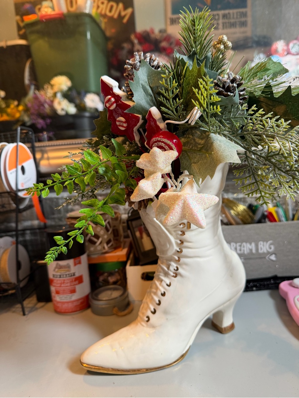 Hand Crafted White Victorian Boot Vase with Greenery & Red Accents